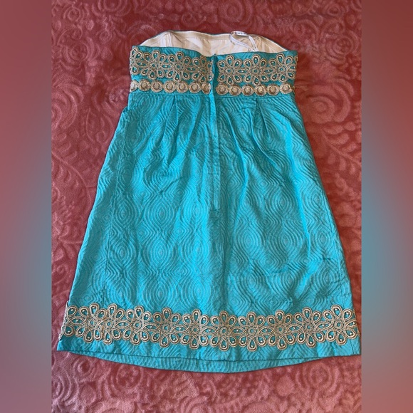 Lilly Pulitzer Strapless Turquoise Dress with Gold Details - Picture 2 of 2